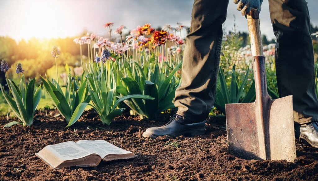 A person digging in the soil with a Bible in the foreground and flowers in the background